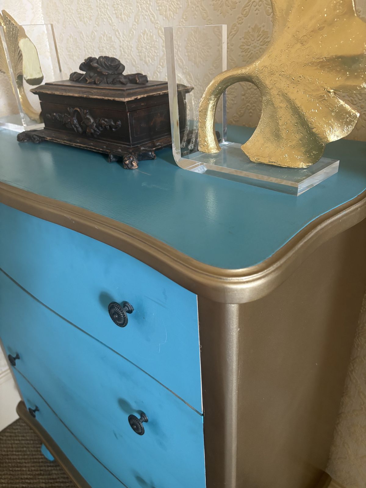Set Of Turquoise And Bronze Painted Drawers With Metal Handles photo for sale