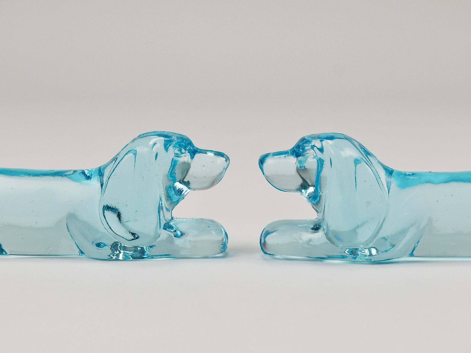 6 French Art Deco Dachshund Basset Hound Knife Rests, Light Blue Glass, 1930s photo for sale