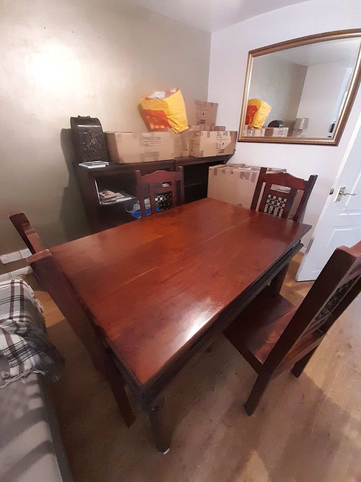 Dark Wood Table And 4 Chairs With Gothic Metal Inlay photo for sale