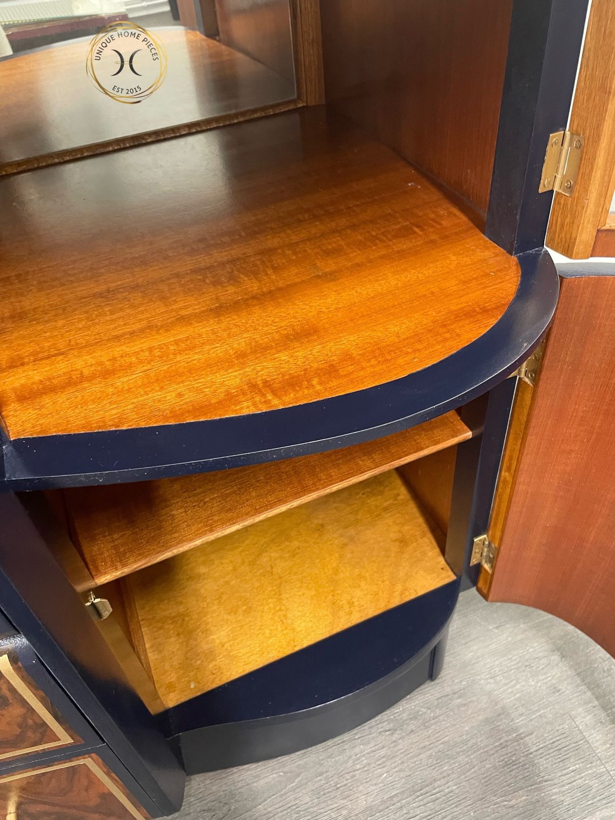 Beautility Navy Blue Gold Walnut 1950s Cocktail Cabinet photo furniture