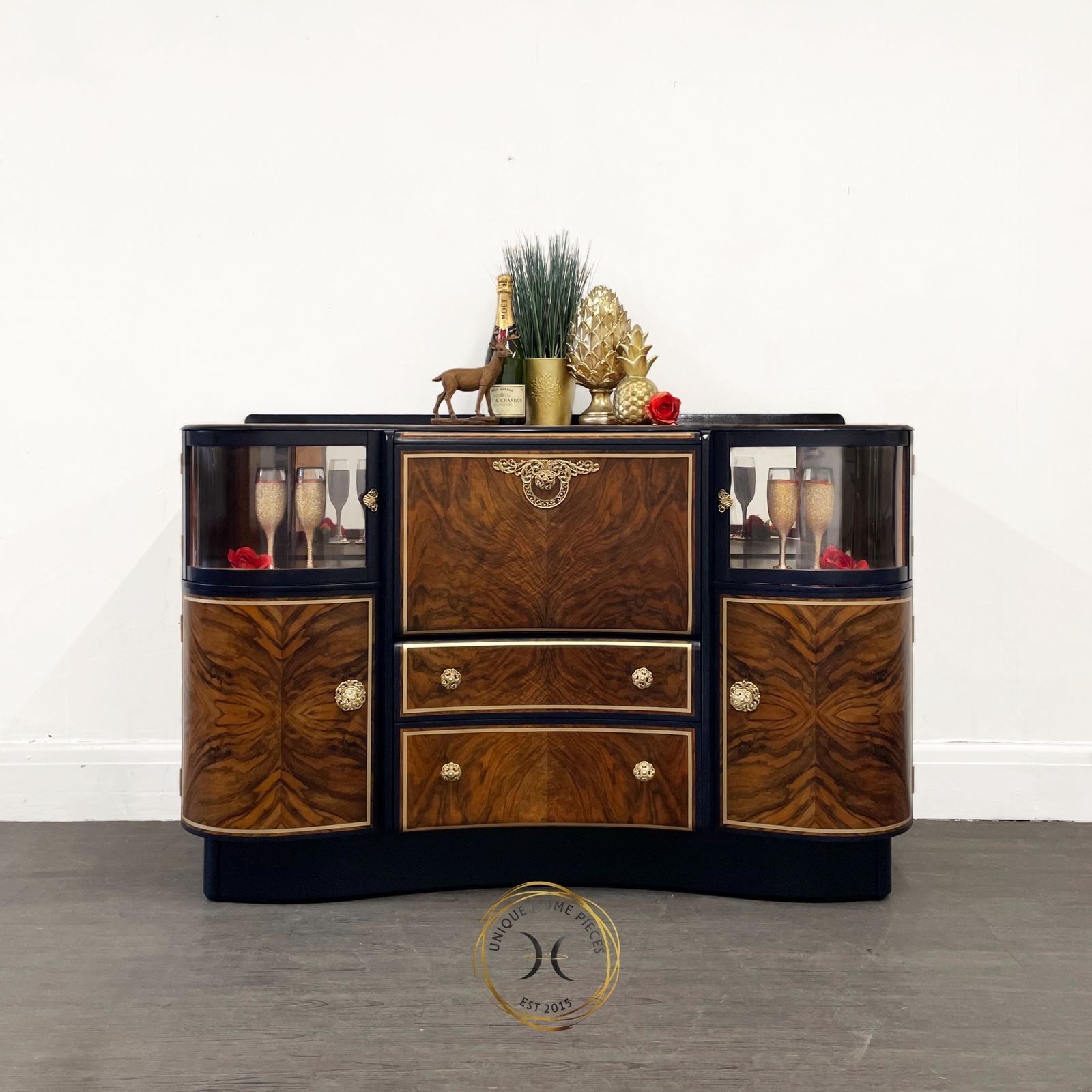 Beautility Navy Blue Gold Walnut 1950s Cocktail Cabinet