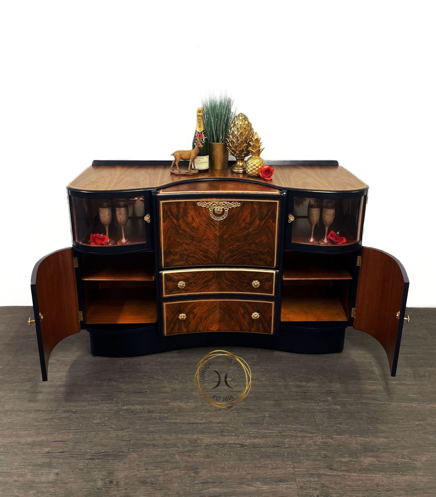 photo buy Beautility Navy Blue Gold Walnut 1950s Cocktail Cabinet
