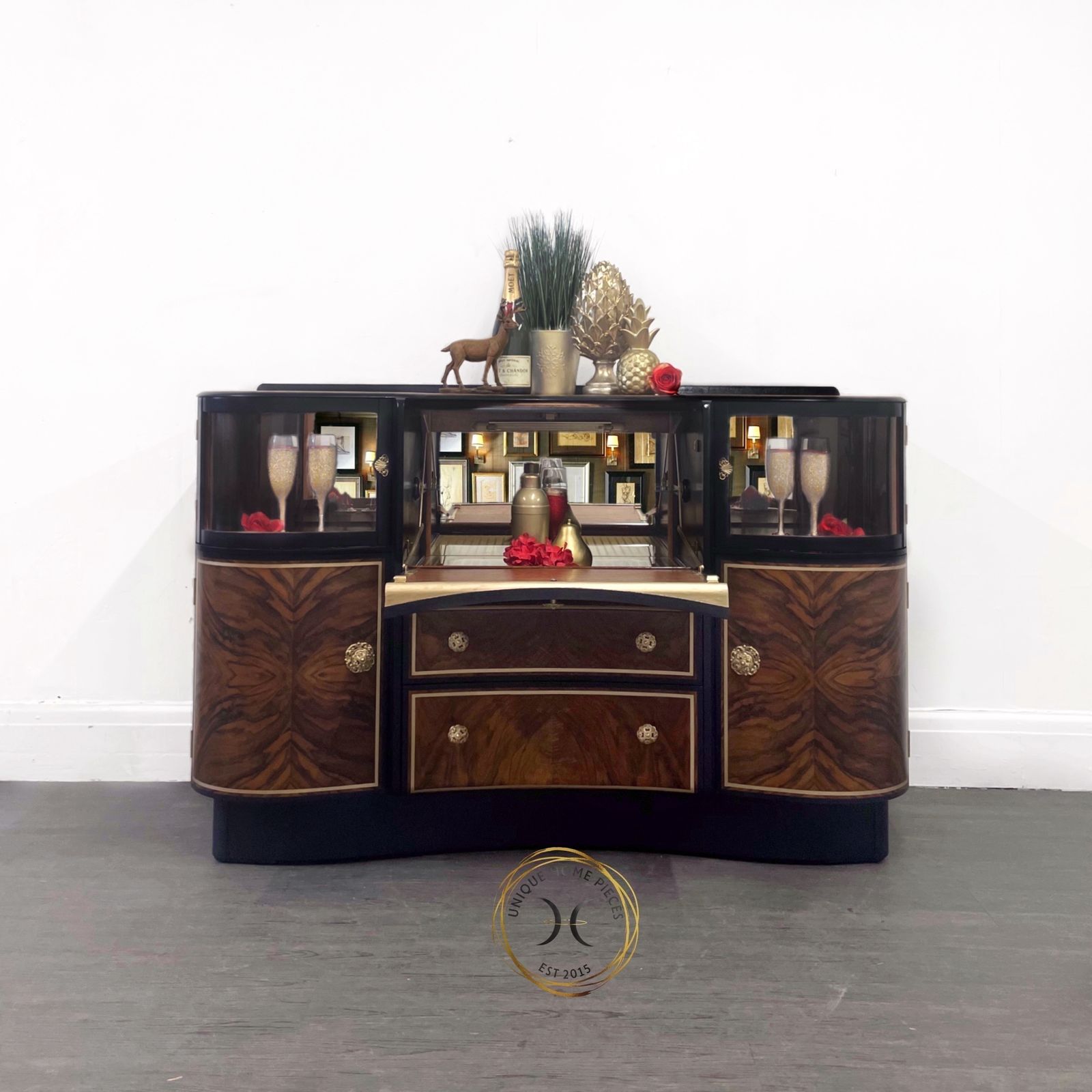 photo vintage Beautility Navy Blue Gold Walnut 1950s Cocktail Cabinet