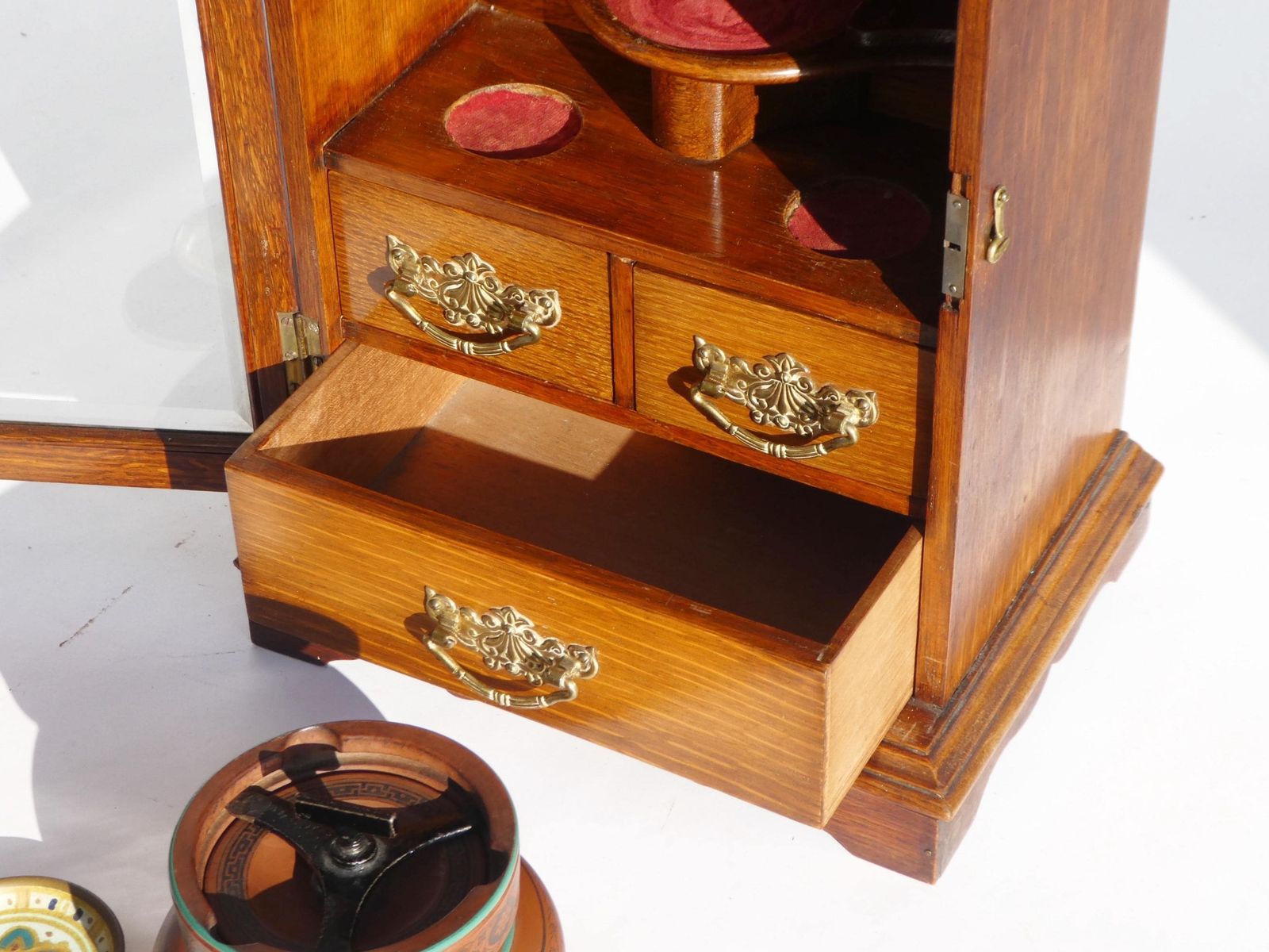 Edwardian Antique Oak Smokers Cabinet, Small Humidor Cabinet With Brass Details And Ceramic Pot With Plates, Wooden Display With Drawers photo vinterior