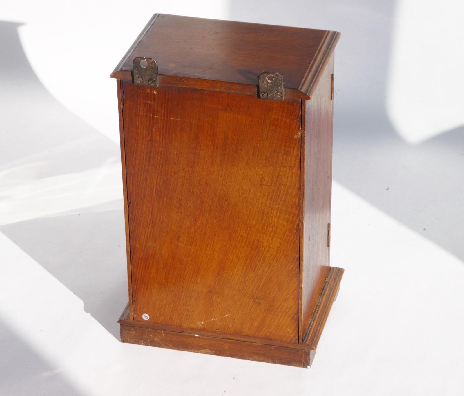 photo furniture Edwardian Antique Oak Smokers Cabinet, Small Humidor Cabinet With Brass Details And Ceramic Pot With Plates, Wooden Display With Drawers