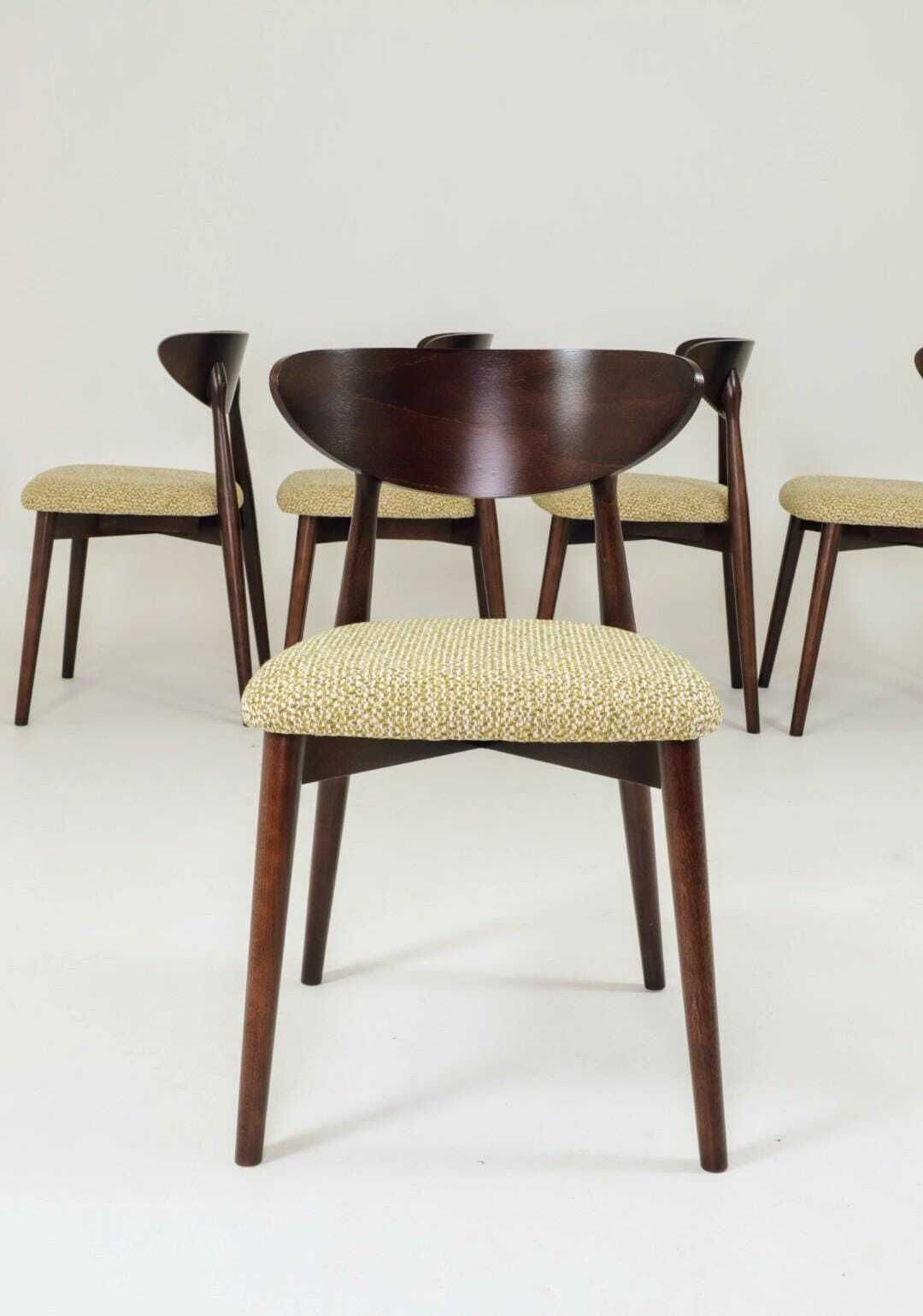 Set Of 6 Dining Chairs, Light Beech Wood, Green Pattern Fabric, Modern Design photo furniture