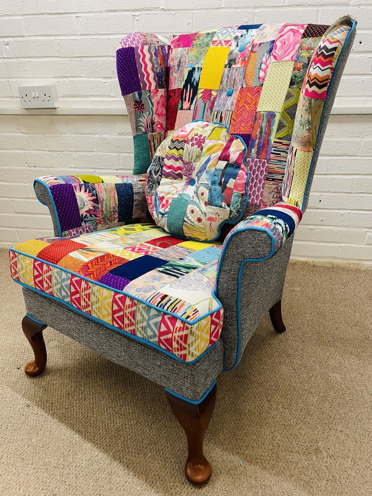 Parker Knoll Wingback Chair Reupholstered In Bright Colours Patchwork Design photo Furniture