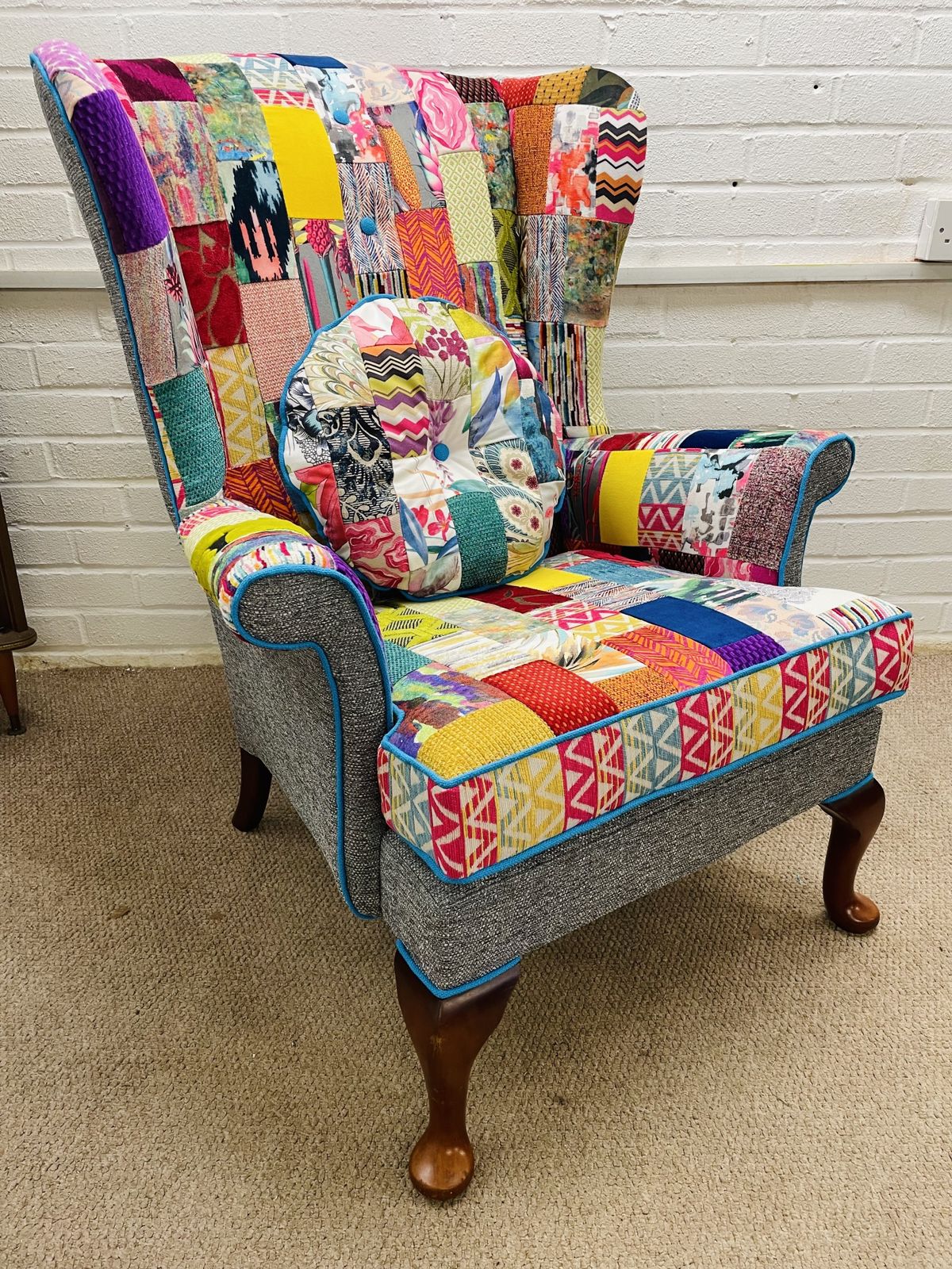 Parker Knoll Wingback Chair Reupholstered In Bright Colours Patchwork Design photo 680.0