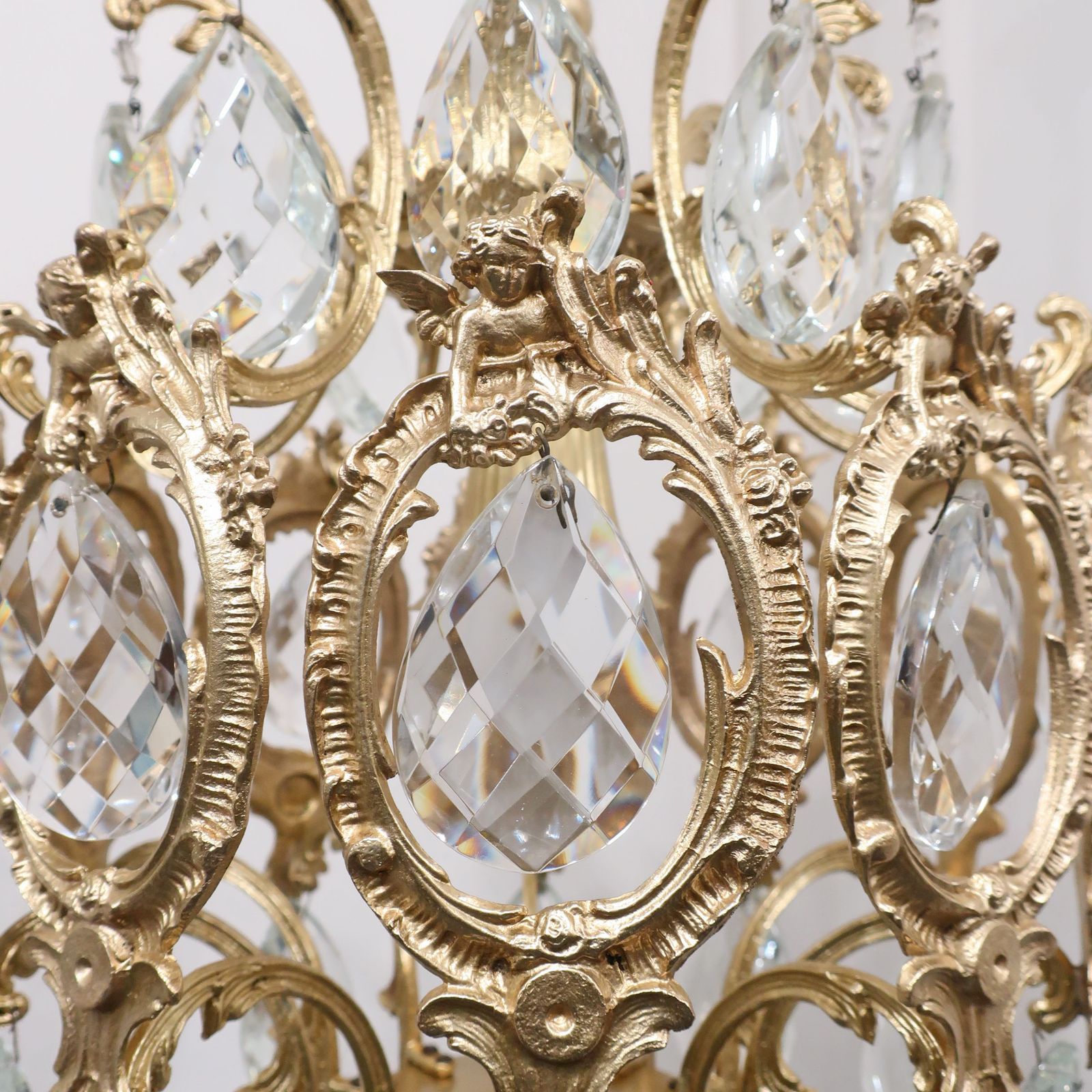 French Mid Century Brass & Faceted Glass Chandelier photo for sale