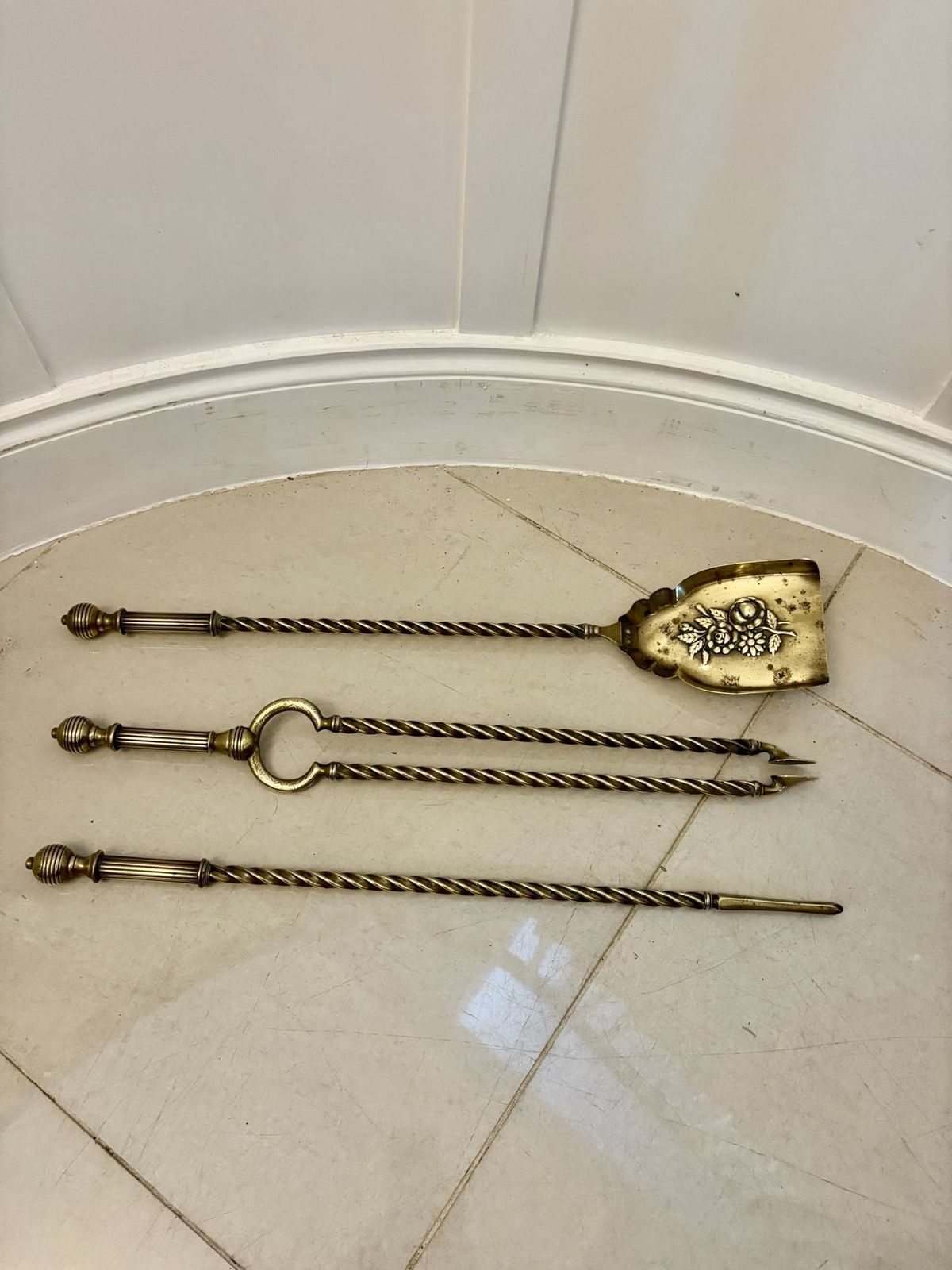photo for sale Set Of Quality Antique 19th Century Brass Fire Irons And Dogs
