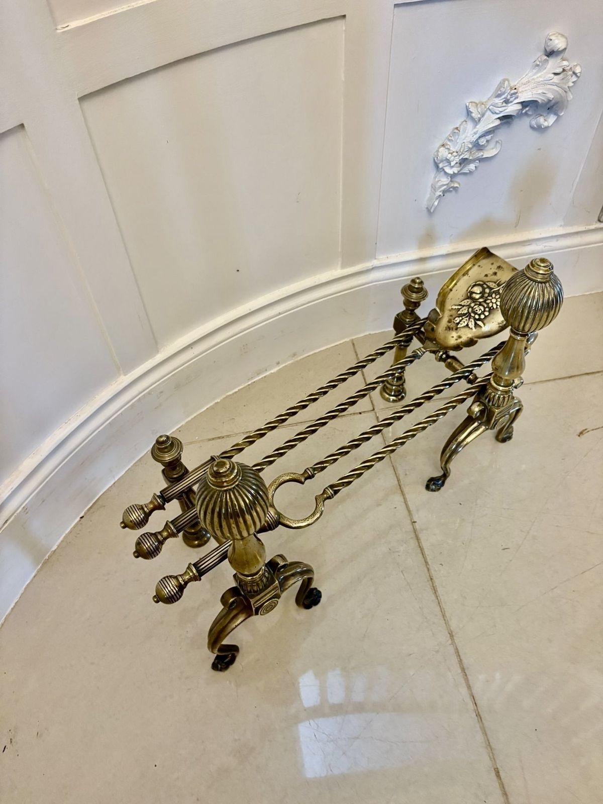 Home Fixtures Set Of Quality Antique 19th Century Brass Fire Irons And Dogs photo