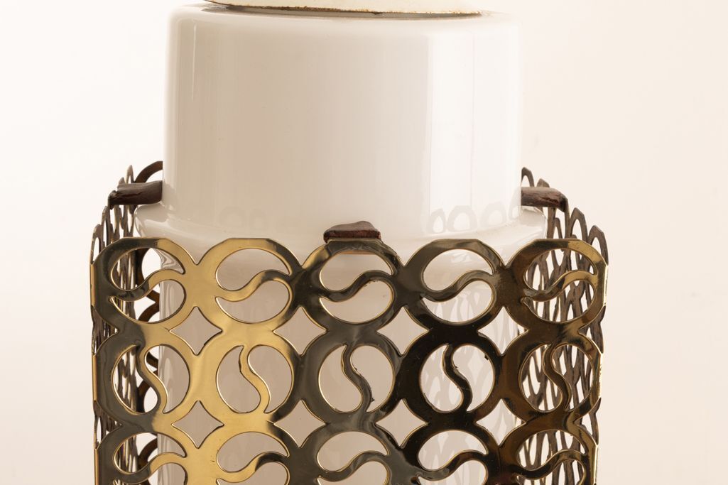 Brutalist Ceiling Light With Opaline Glass Shade & Pierced Brass Diffuser With Yin Yang Motif C.1960 photo vinterior
