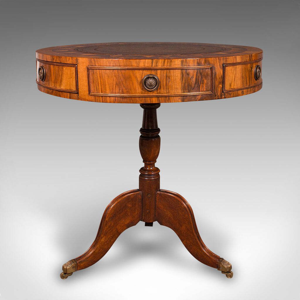 Vintage Rotary Centre Table, English, Walnut, Leather, Games, Regency Revival photo for sale