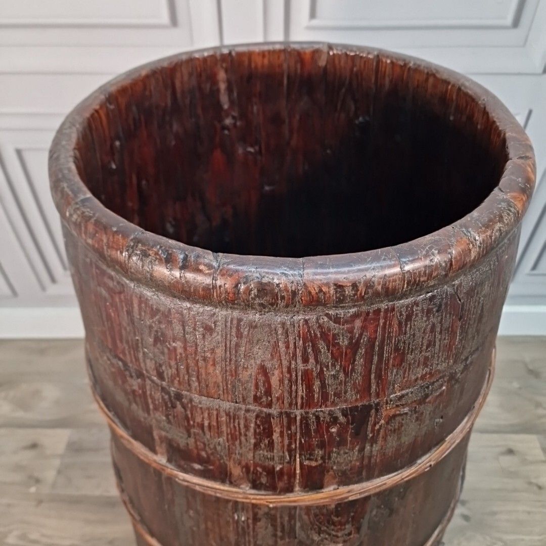 290.0 Antique Solid Wood Butter Barrel Plant Stick Umbrella Stand Chinese Baby Warmer photo