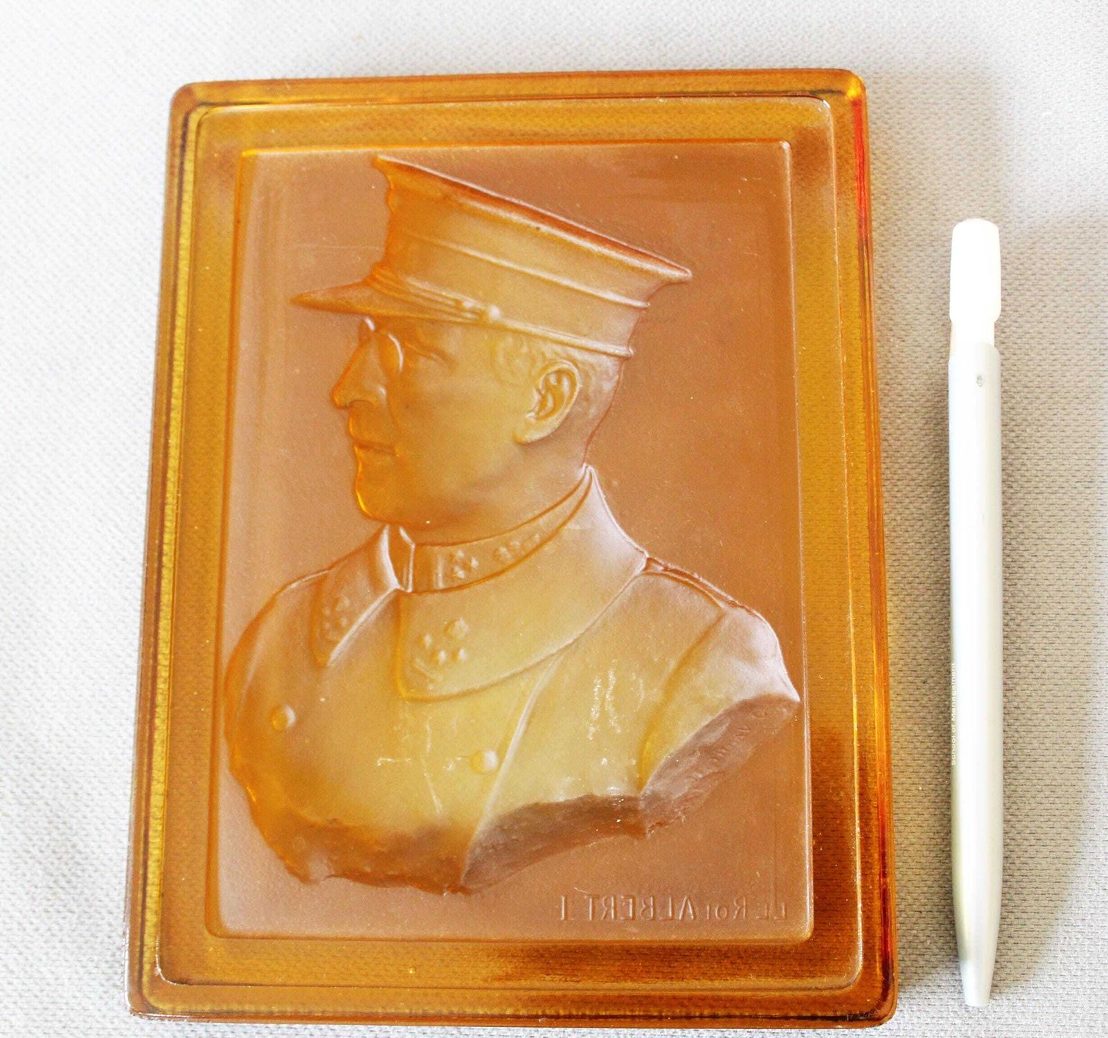 photo furniture Antique Large Glass Tile With Belgium King Albert 1st, Val Saint Lambert Luxval, Amber Honey Gold Pressed Glass, Military Uniform Profile
