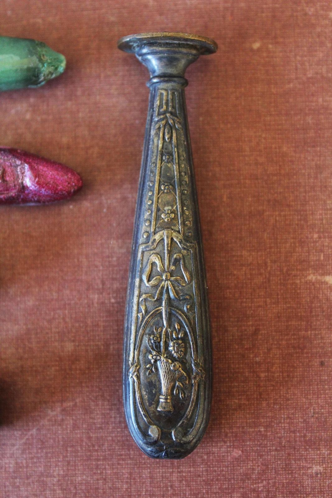Antique Art Nouveau 19th Century Silver Plate Wax Seal Stamp, Mix Of Sealing Wax, Initial Engraved Gb, Desk Seal, Correspondence, Victorian photo furniture