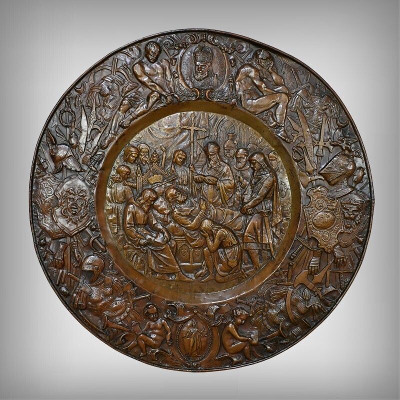Pair Of Important “Charlemagne” Embossed Copper Trays – Late 19th Century photo for sale