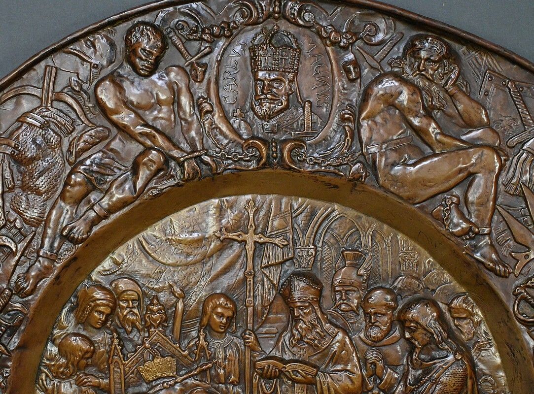 Pair Of Important “Charlemagne” Embossed Copper Trays – Late 19th Century photo vintage