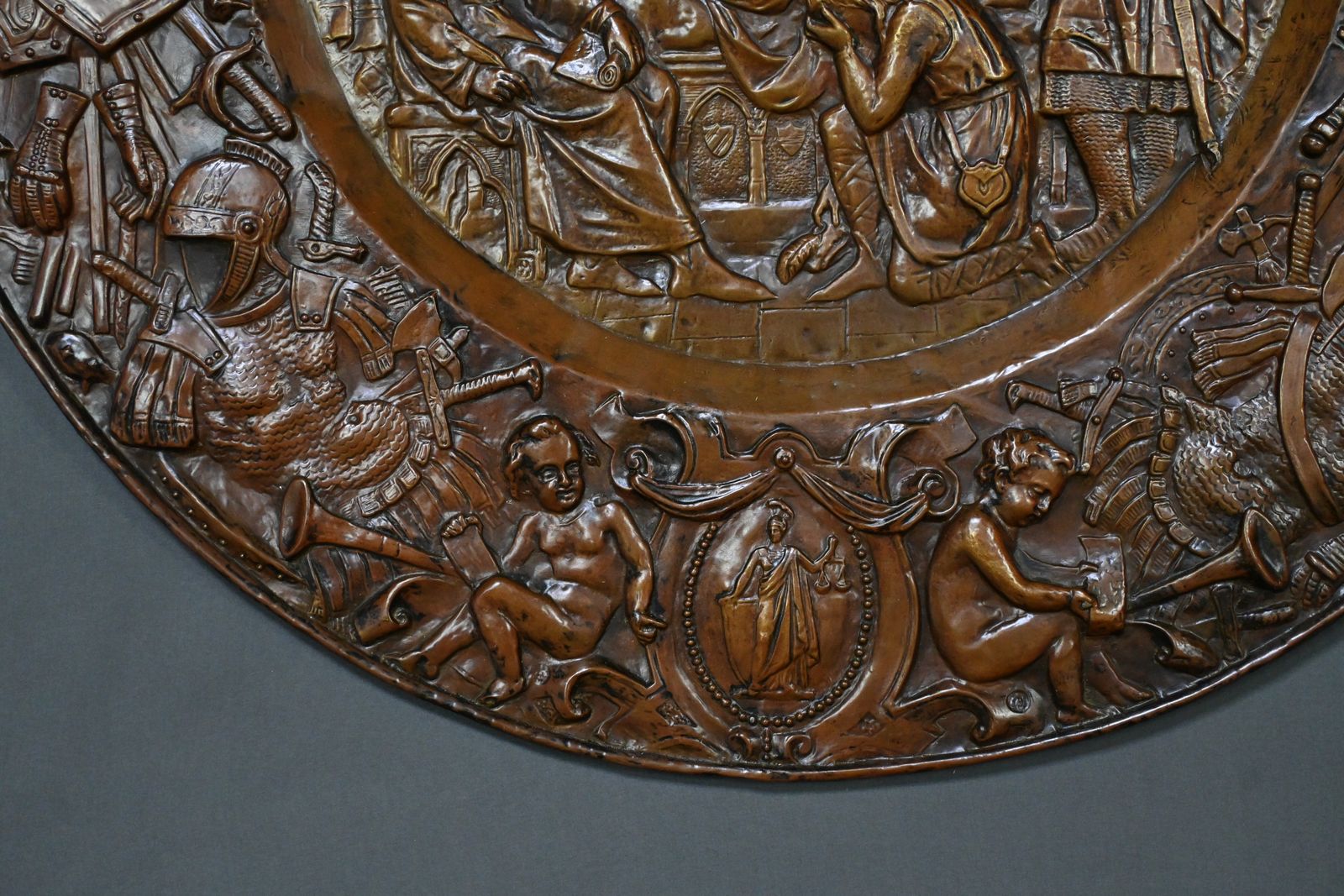 photo for sale Pair Of Important “Charlemagne” Embossed Copper Trays – Late 19th Century