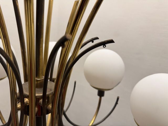 Large Brass Chandelier With White Glass Shades, Italy, 1960s photo 1250.0