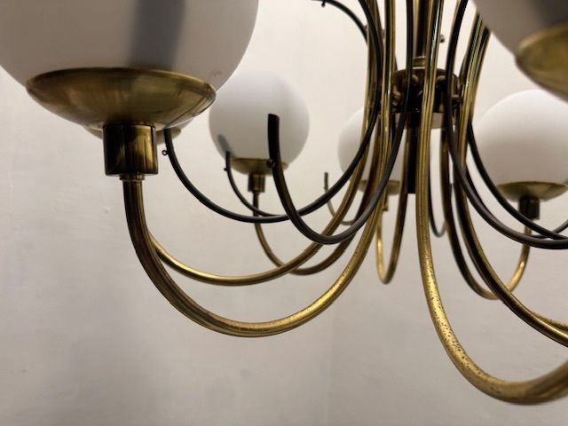 Large Brass Chandelier With White Glass Shades, Italy, 1960s photo vintage