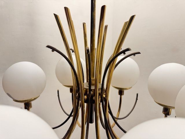 photo for sale Large Brass Chandelier With White Glass Shades, Italy, 1960s