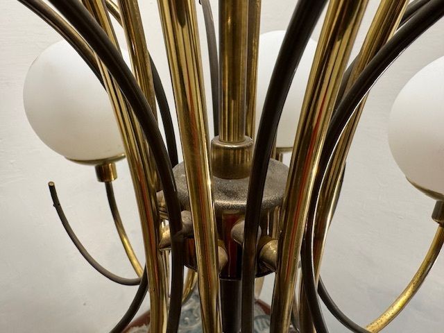 1250.0 Large Brass Chandelier With White Glass Shades, Italy, 1960s photo