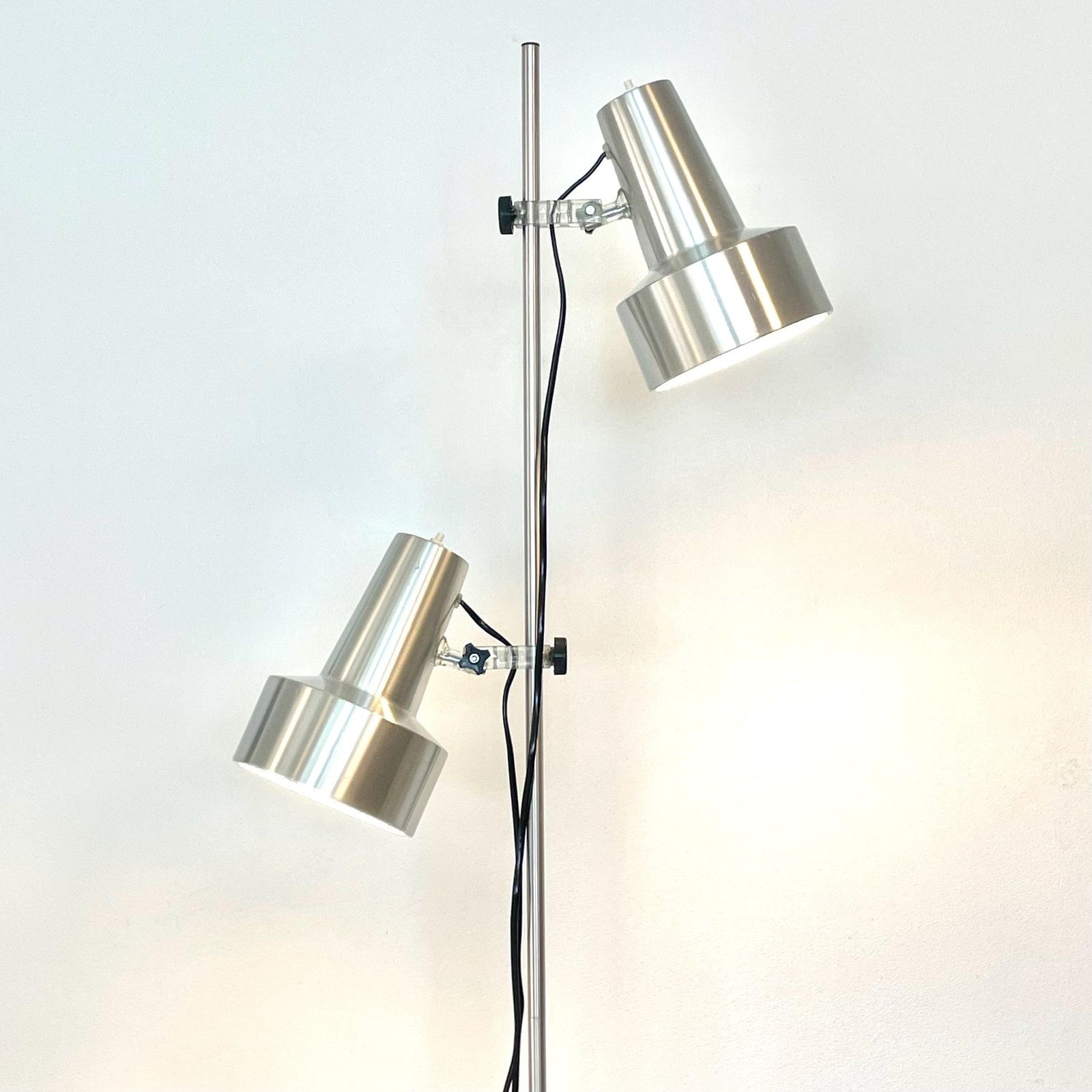Danish Vintage Mid Century Minimalist Design Floor Lamp In Silver Aluminium With Adjustable Twin Shades And Cool Plastic Details