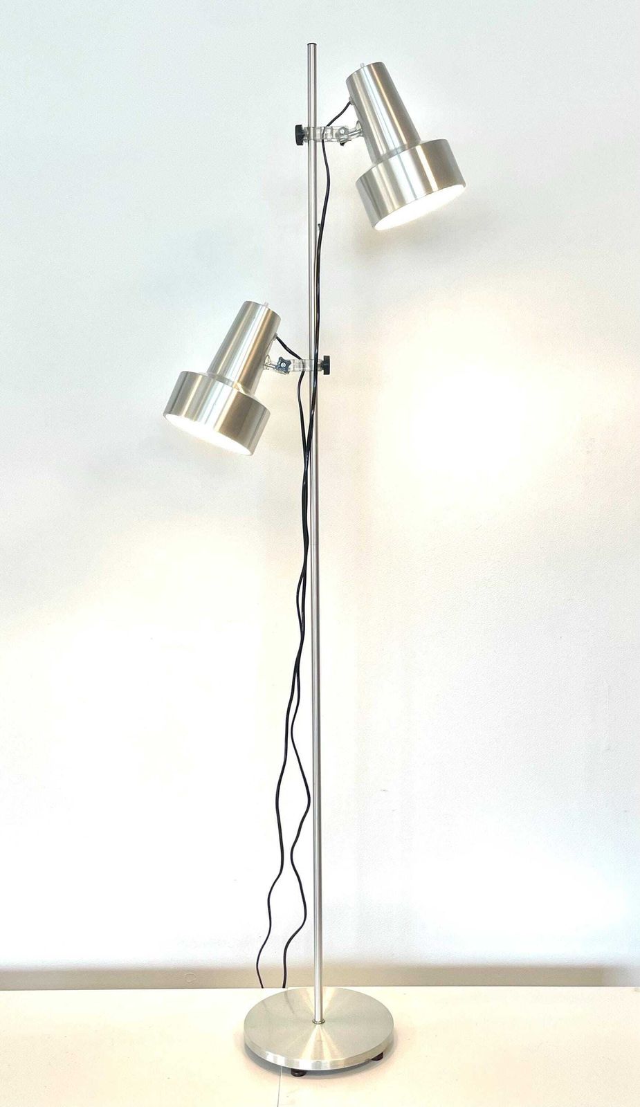 Danish Vintage Mid Century Minimalist Design Floor Lamp In Silver Aluminium With Adjustable Twin Shades And Cool Plastic Details photo furniture