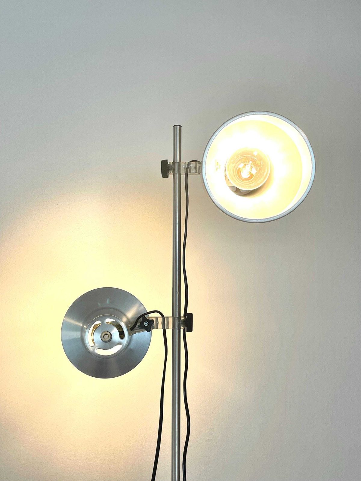 Danish Vintage Mid Century Minimalist Design Floor Lamp In Silver Aluminium With Adjustable Twin Shades And Cool Plastic Details photo vintage