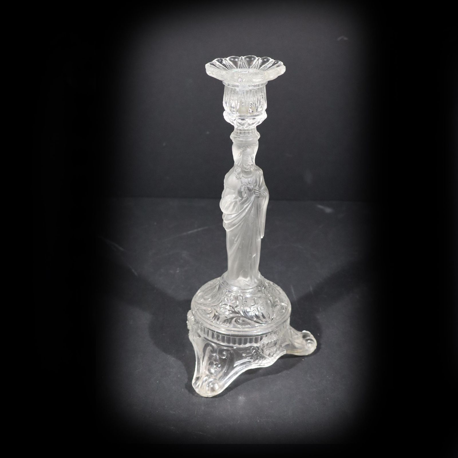 Art Deco Sacred Heart Jesus Statue Candle Holder Antique Frosted Satin Glass Candlestick Religious Altar photo 110.0