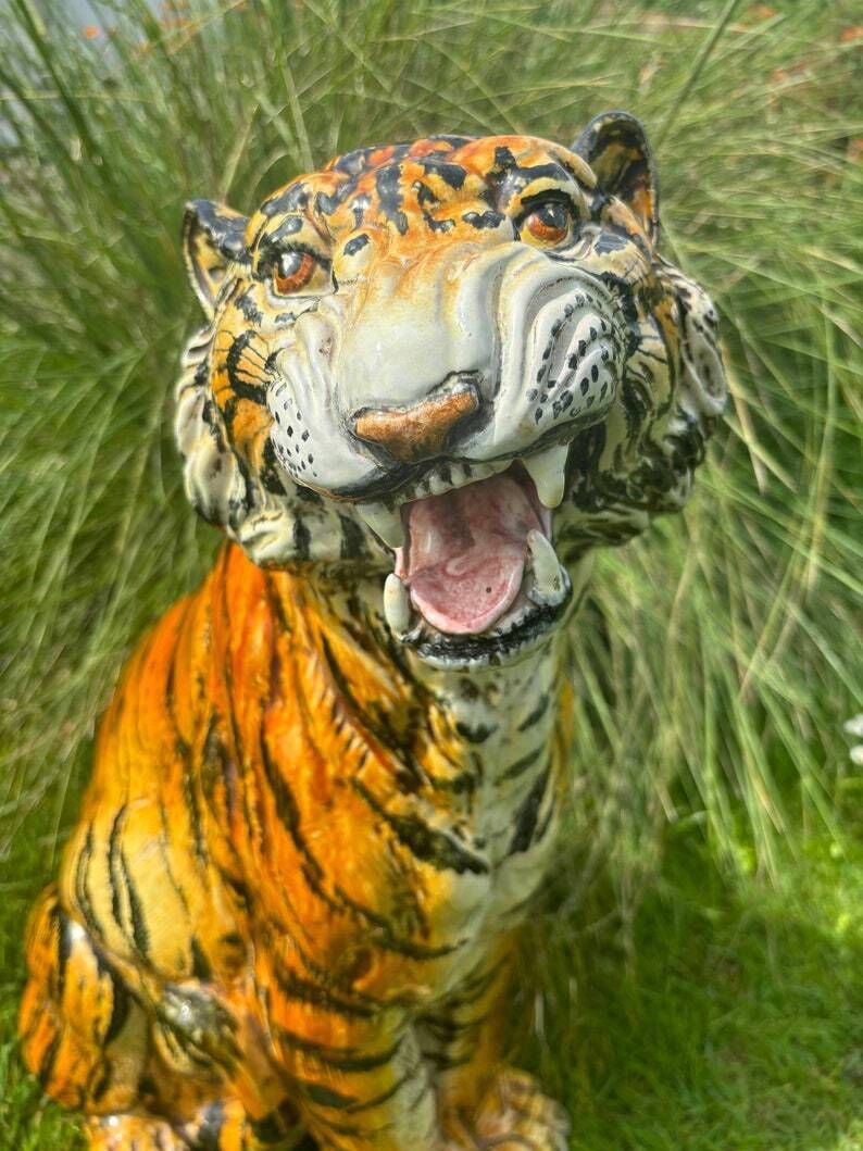 Vintage Mid Century Modern Hollywood Regency Italian Ceramic Tiger Statue / Sculpture photo for sale