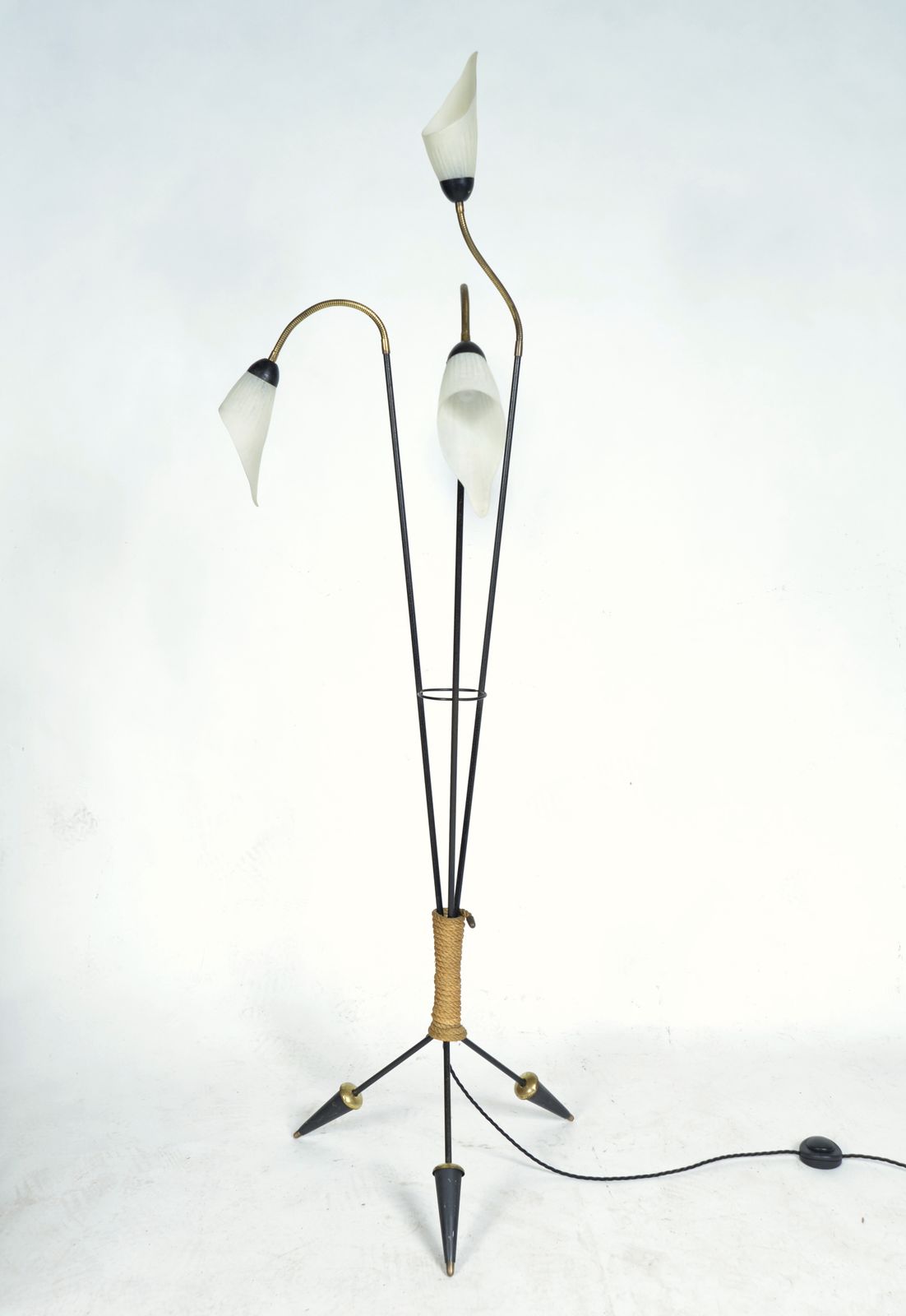 Midcentury 3 Arm Swan Neck French Tripod Standard Floor Lamp Brass Glass Steel 1950s