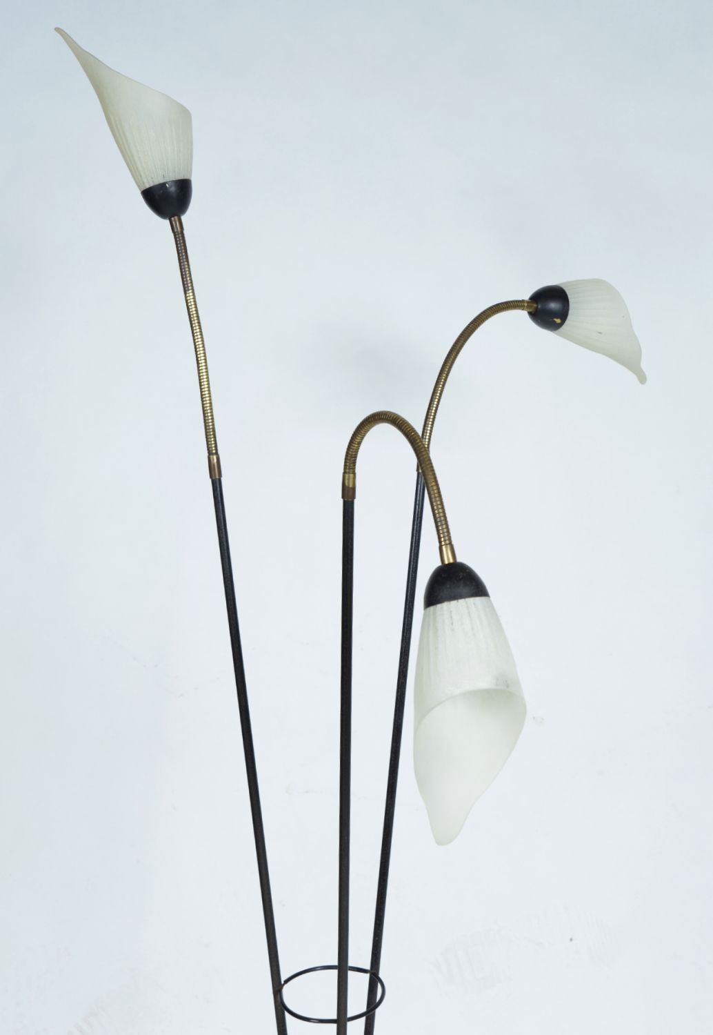 Lighting Midcentury 3 Arm Swan Neck French Tripod Standard Floor Lamp Brass Glass Steel 1950s photo