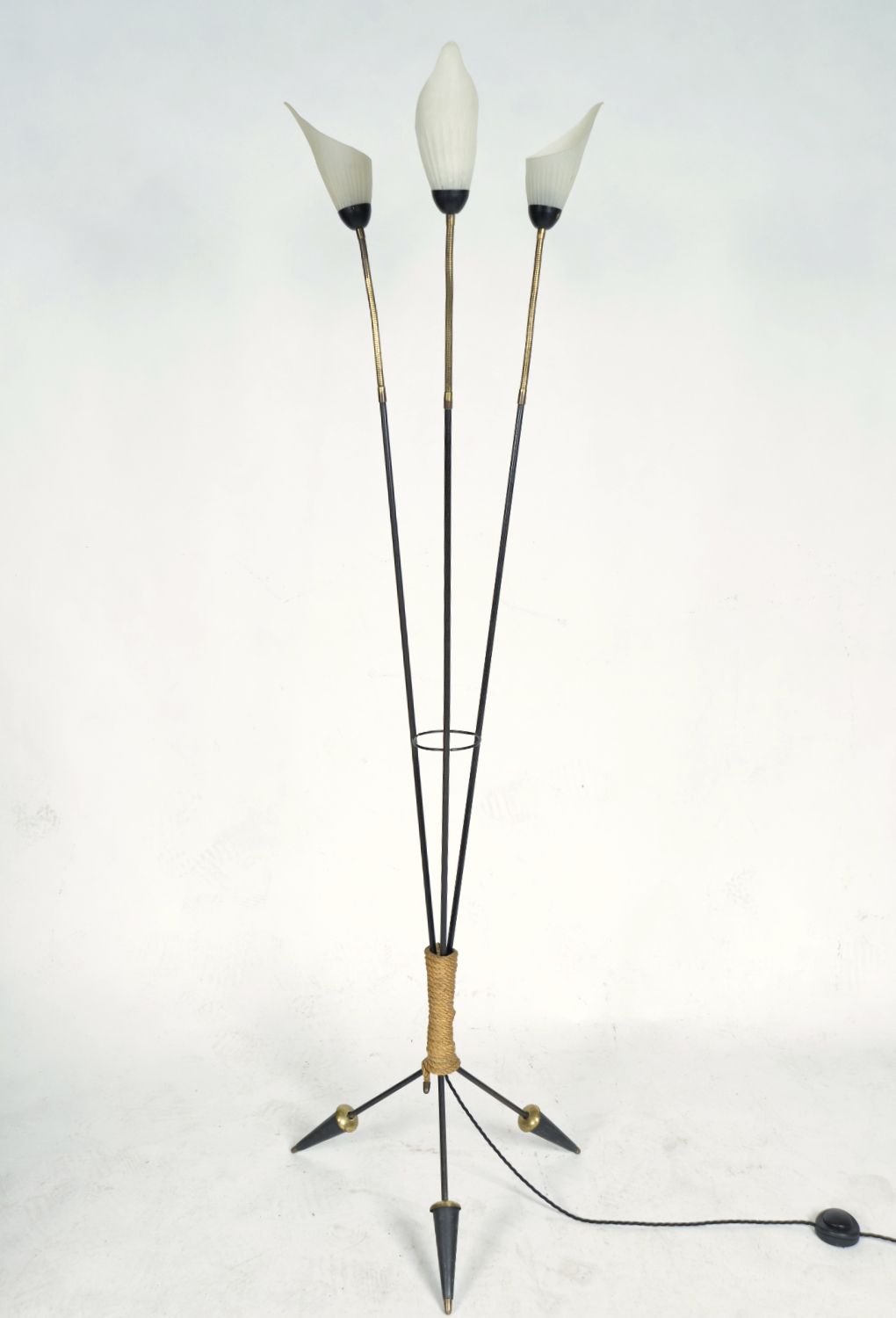 Midcentury 3 Arm Swan Neck French Tripod Standard Floor Lamp Brass Glass Steel 1950s photo Lighting