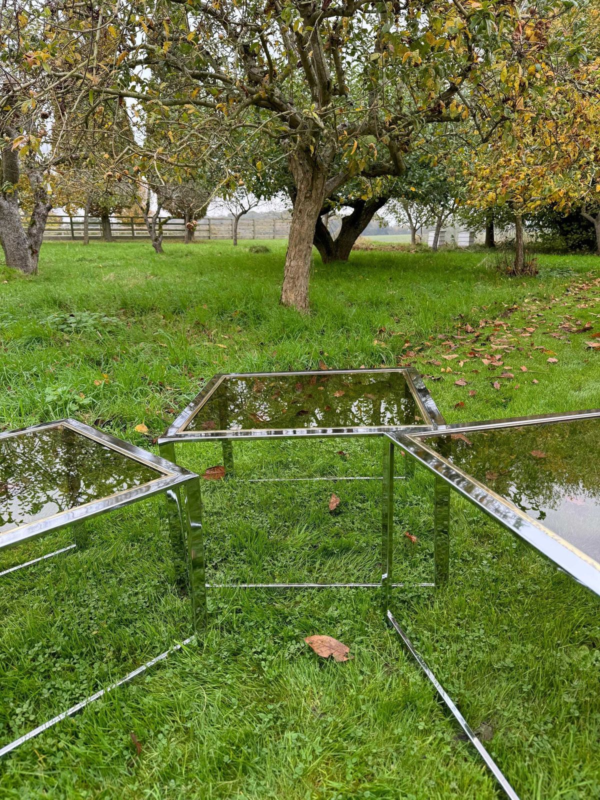 Milo Baughman Mid Century Modern Nest Of Three Chrome And Glass Tables photo for sale