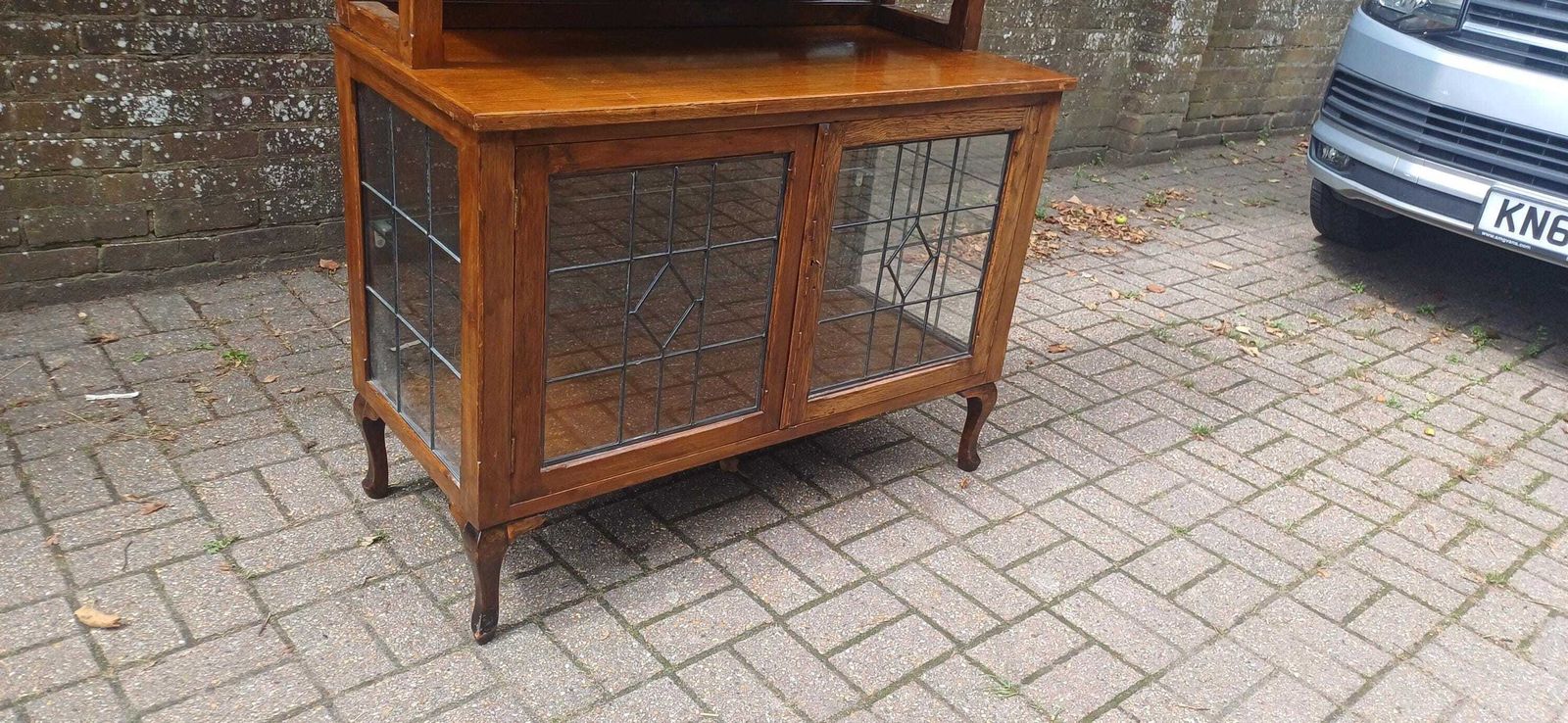 Massive Antique Arts & Crafts Oak Display Cabinet Leaded Glass Bookcase With Mirrored Back Glass Shelves Shopfitting photo Furniture