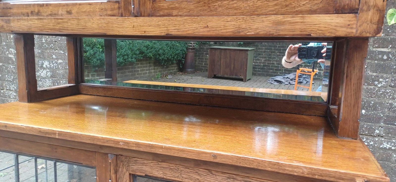 Massive Antique Arts & Crafts Oak Display Cabinet Leaded Glass Bookcase With Mirrored Back Glass Shelves Shopfitting photo 975.0