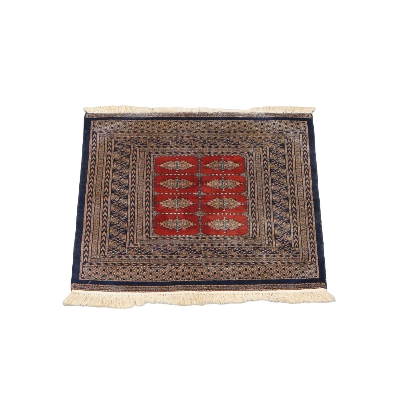 Vierkant Decoratief Vloerkleed In Oosterse Stijl Met Verfijnde Patronen, Voornamelijk In Rood En Blauw – 105 X 98 Cm