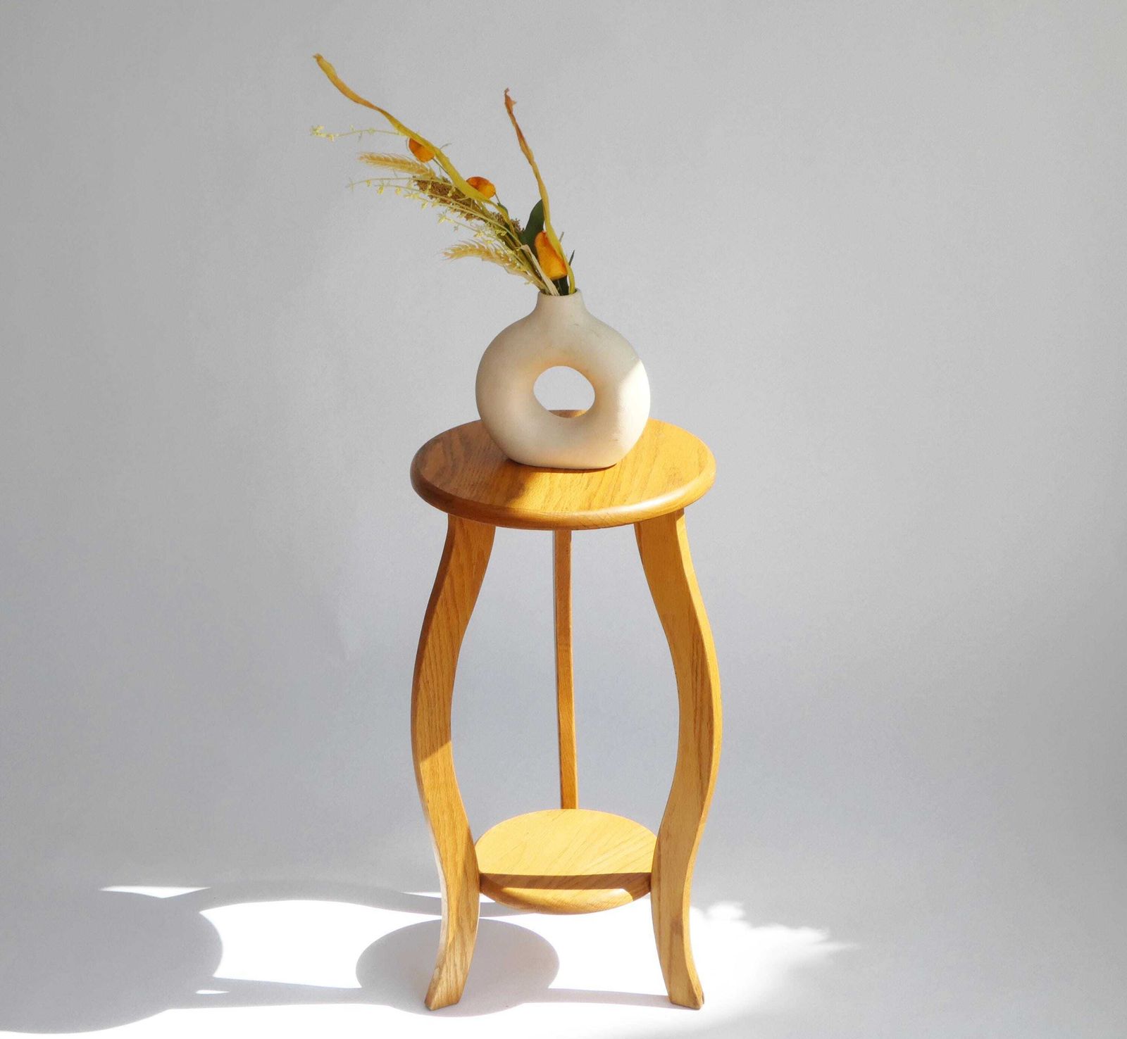 Wooden Amsterdam School Tripod Pedestal, Two Tiered Oak Plant Stand, Vintage Side Table photo 260.0
