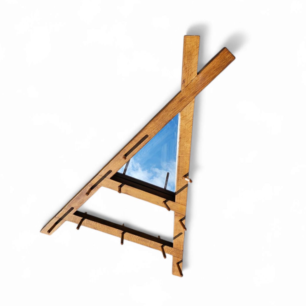 photo furniture Wooden Wall Coat Rack / Triangular Shape / Triangle Mirror At The Top / 1960s