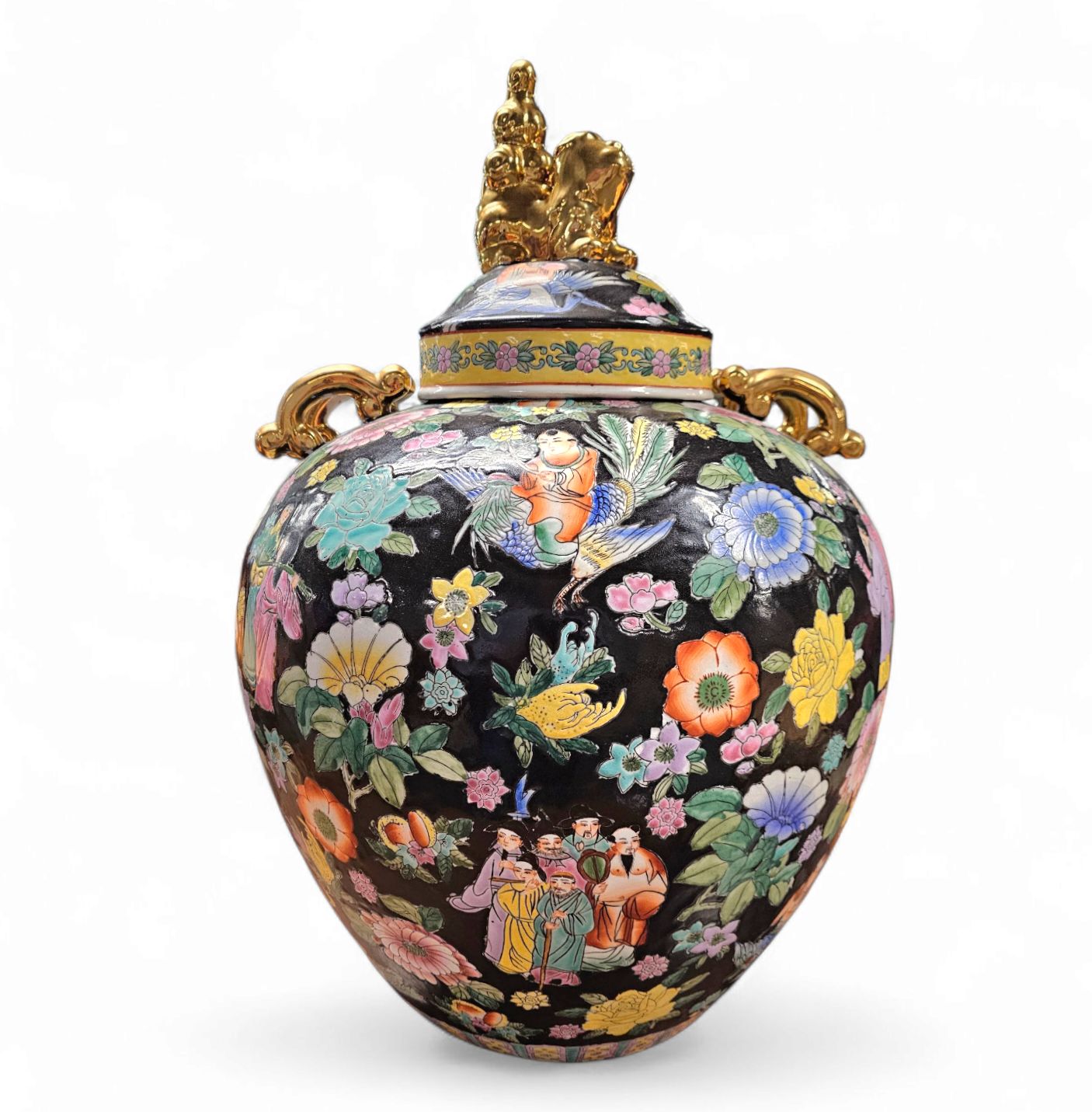 Large Famille Noir Chinese / Porcelain Ginger Jar / Hand Painted / Mille Fleur