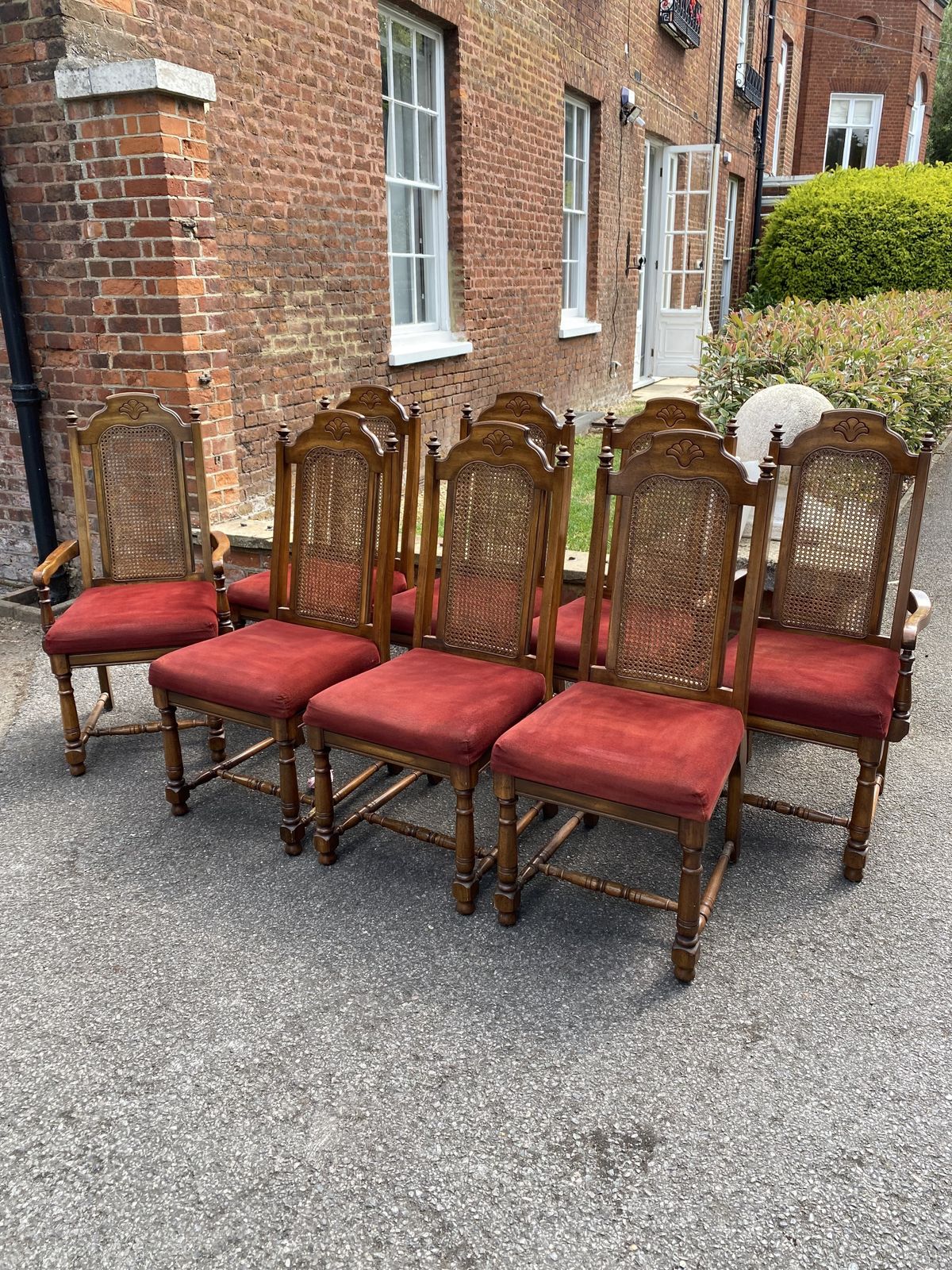 Set Of 8 Dining Rattan/Can Chairs, Maroon Velvet Seat Pads photo furniture