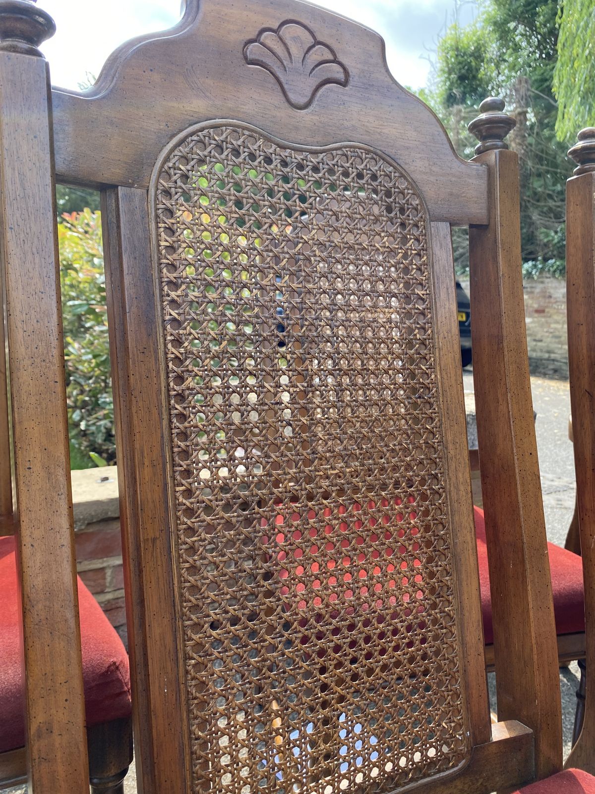 Set Of 8 Dining Rattan/Can Chairs, Maroon Velvet Seat Pads photo vinterior