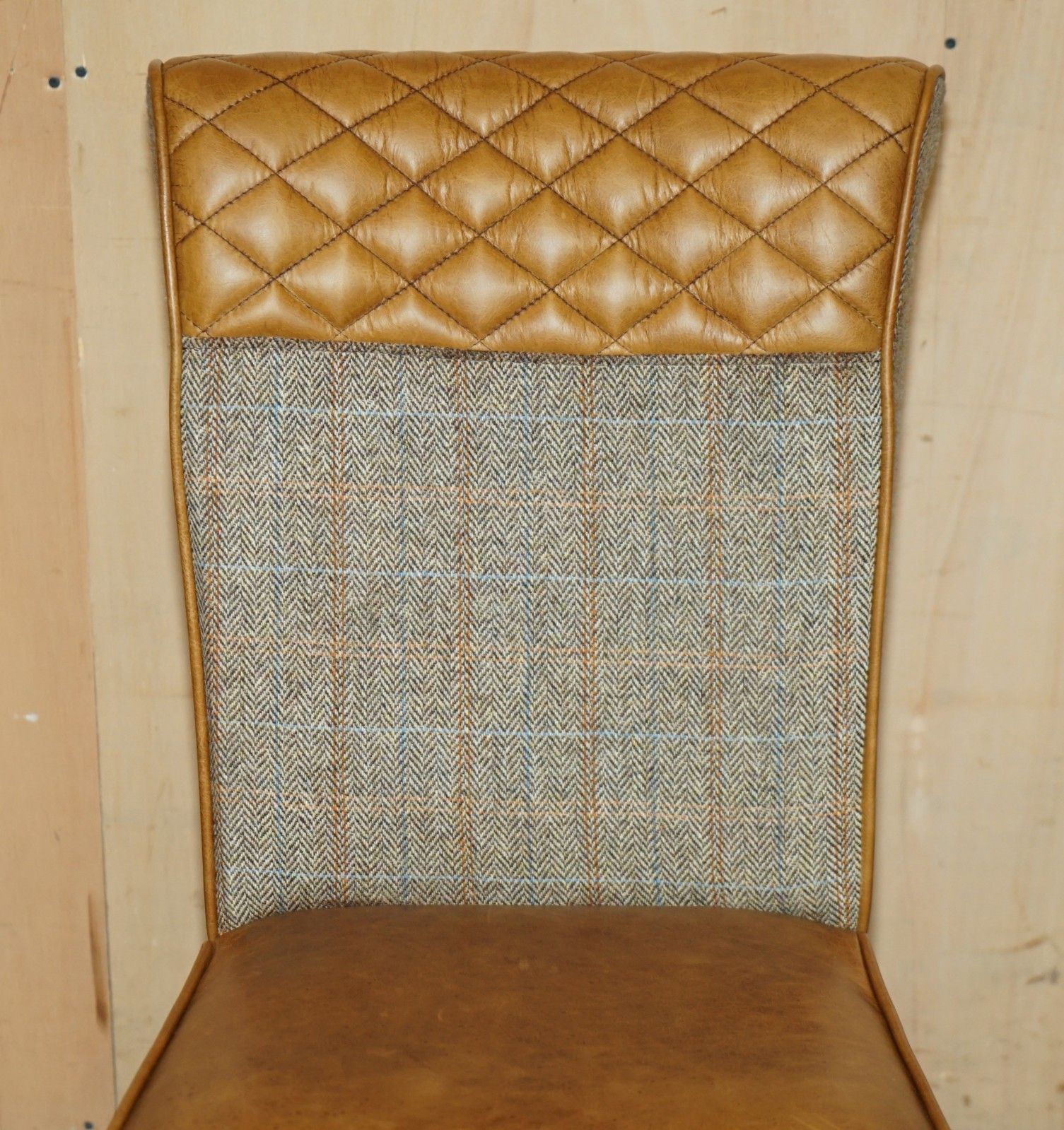 Pair Of Chesterfield Harris Tweed Brown Leather Hall Chairs Part Of Large Suite photo Furniture