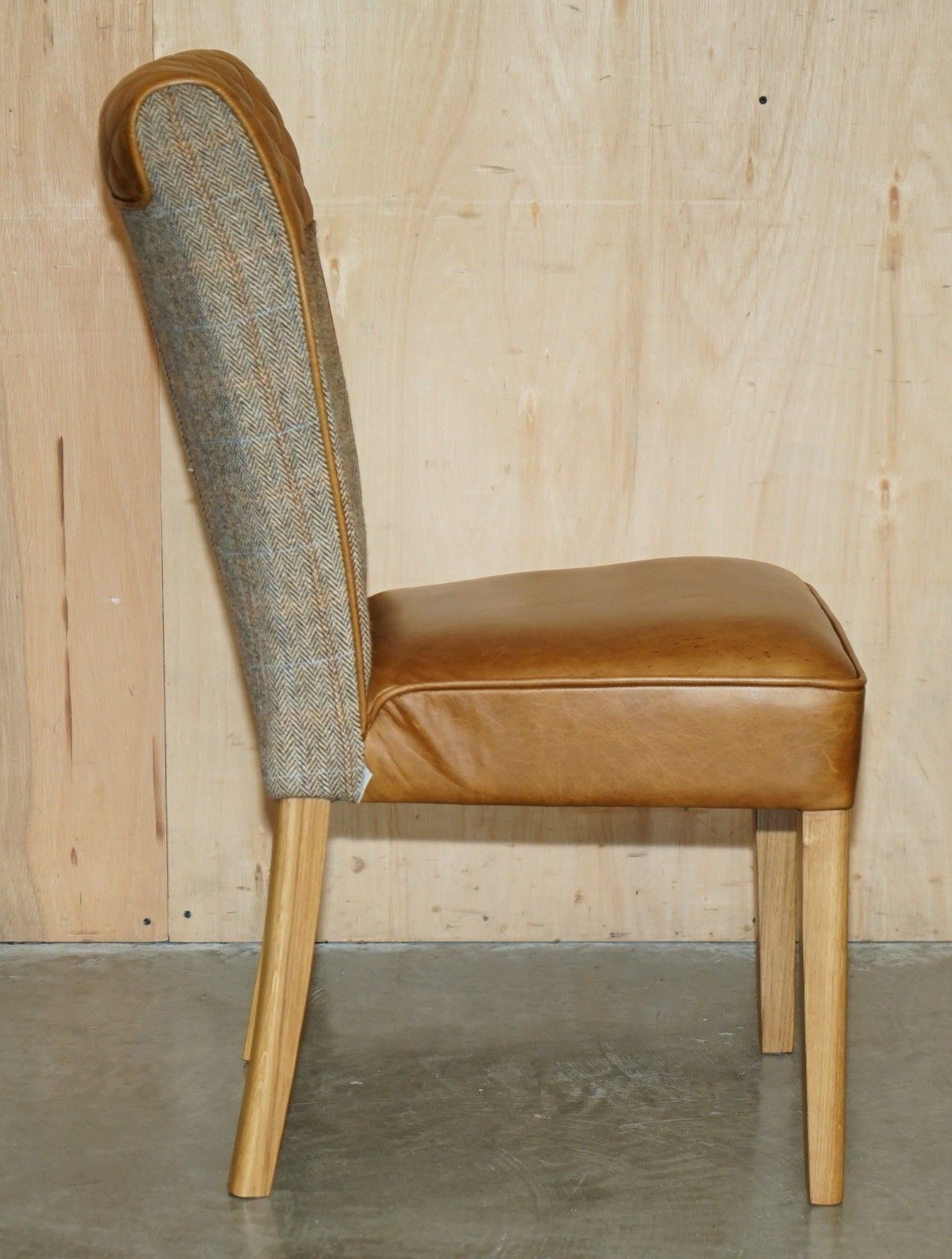 Pair Of Chesterfield Harris Tweed Brown Leather Hall Chairs Part Of Large Suite photo vintage