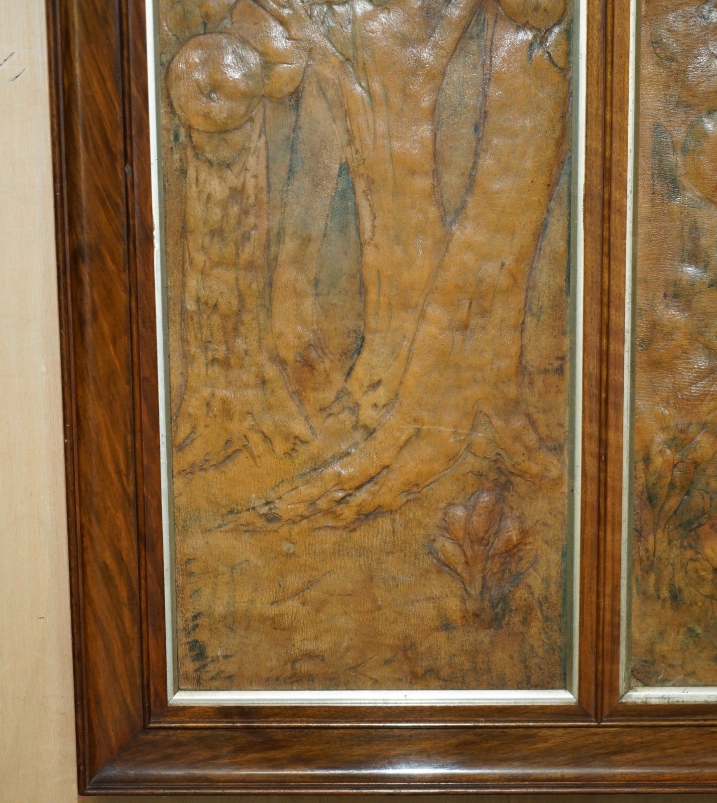 Original 1912 Ada Neville Rolfe Leather Embossed Art Nouveau Mahogany Wall Panel photo Art