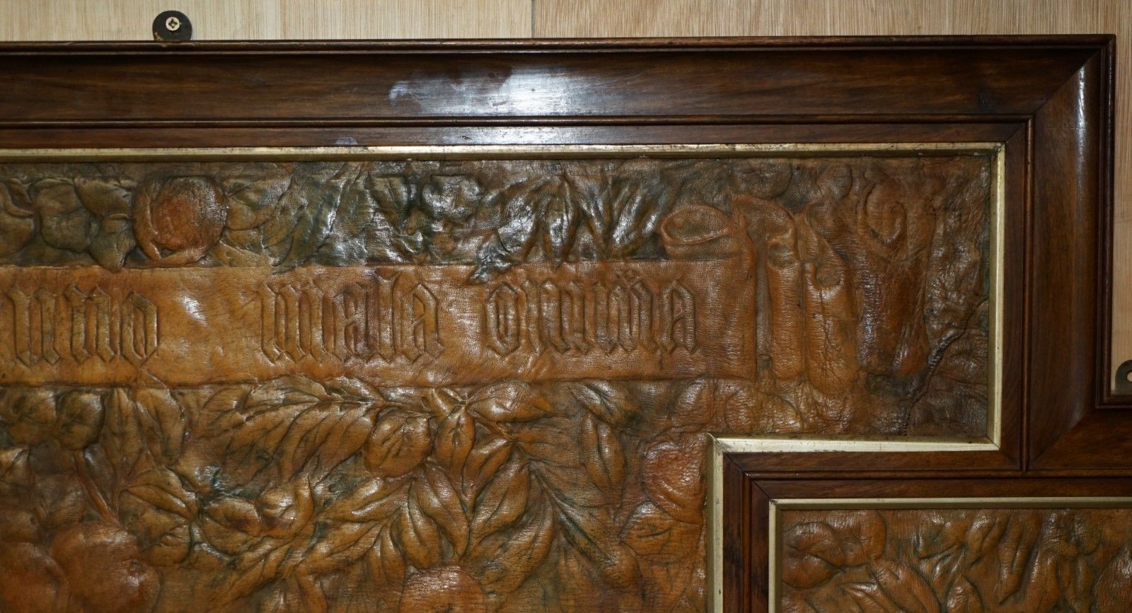 Original 1912 Ada Neville Rolfe Leather Embossed Art Nouveau Mahogany Wall Panel photo vintage