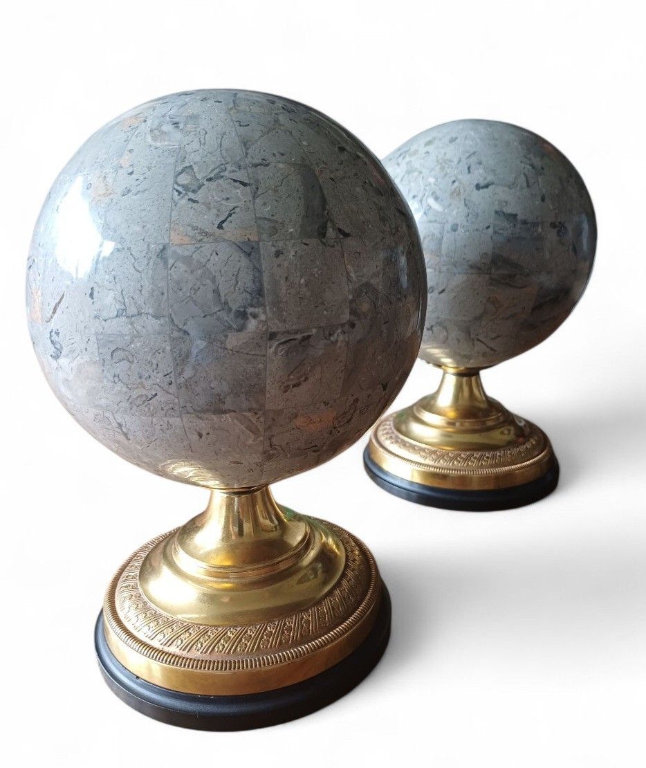Rare Pair Anthony Redmile Globes  Castellated Polished Stone And Signed