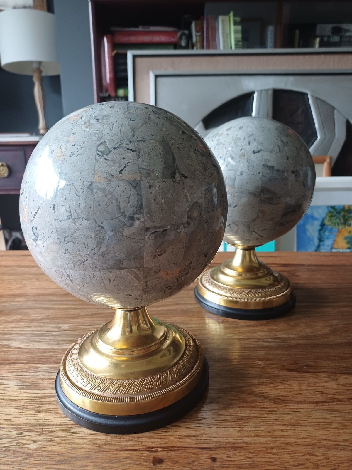 Rare Pair Anthony Redmile Globes  Castellated Polished Stone And Signed photo vinterior